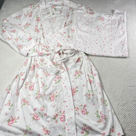 Carole Hochman 2X Floral Print Robe & Nightgown Set White Pink Lounge Sleepwear - Picture 1 of 11